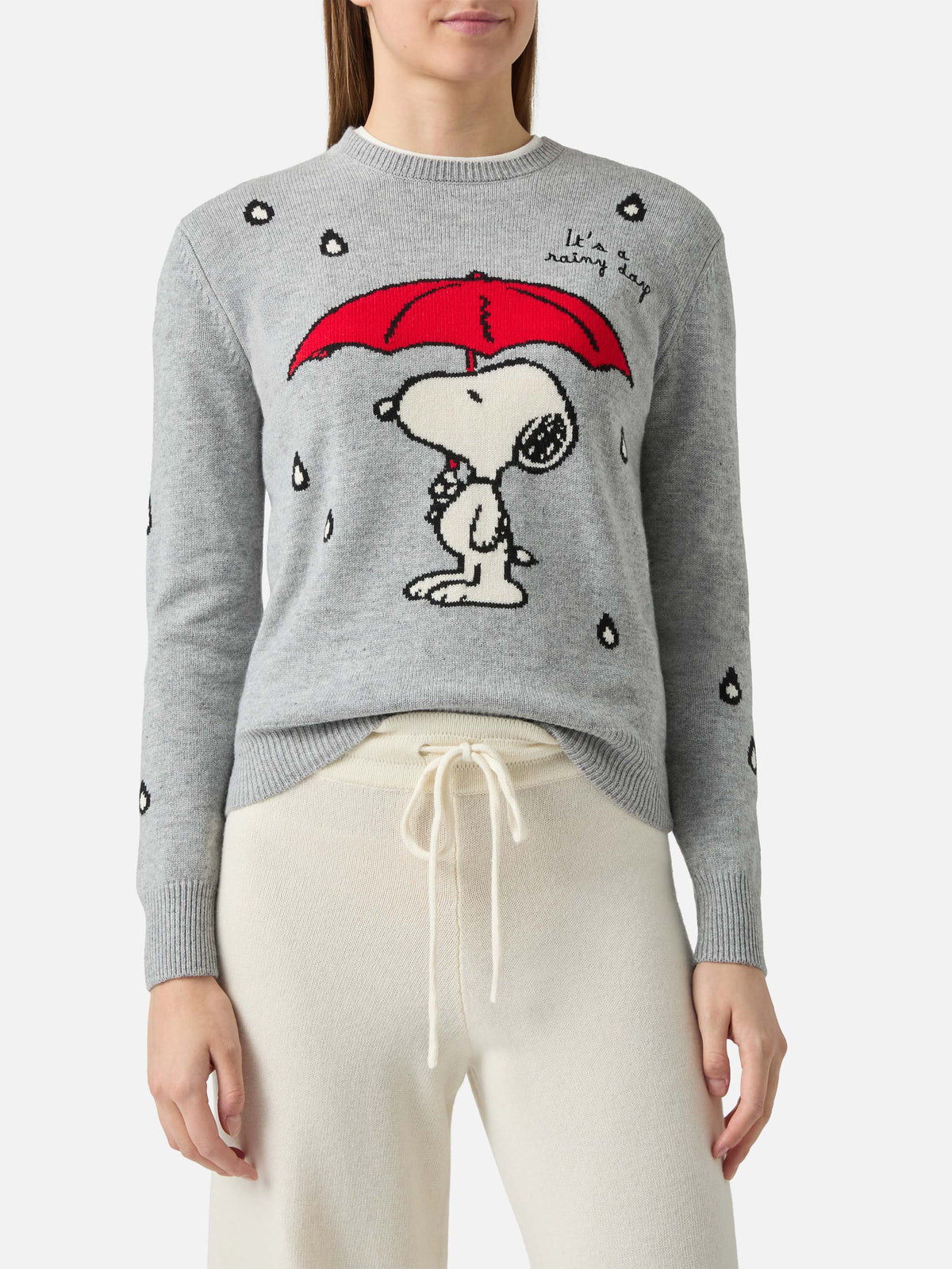 Maglione New Queen grigio chiaro melange con ricamo Snoopy loves rain | Special Edition