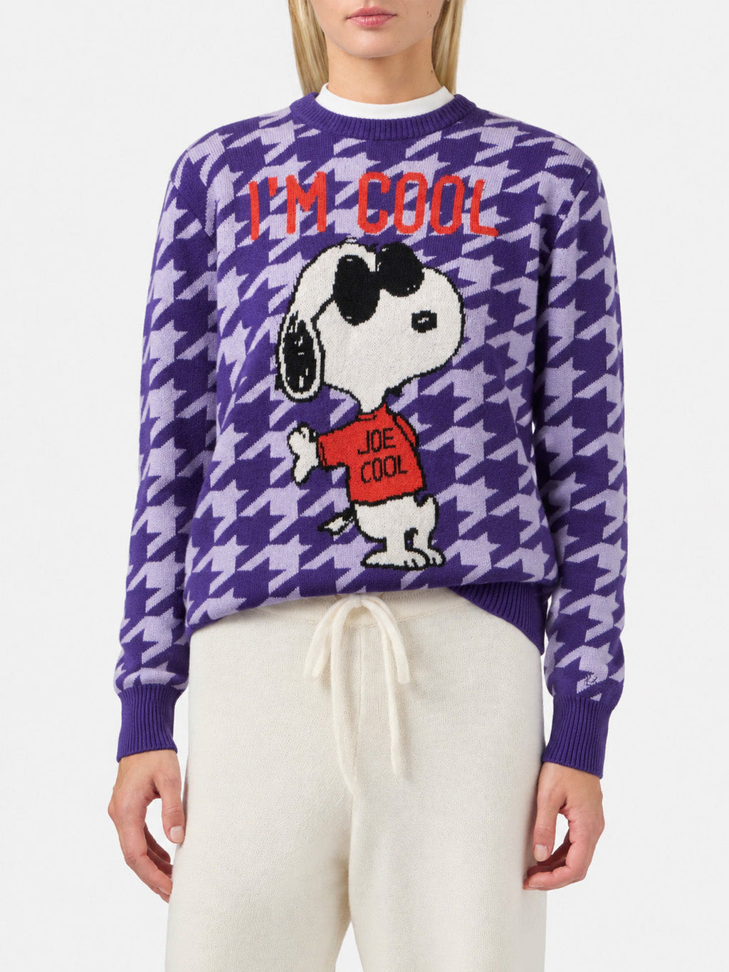 Maglia girocollo New Queen viola con jacquard Snoopy | Special Edition