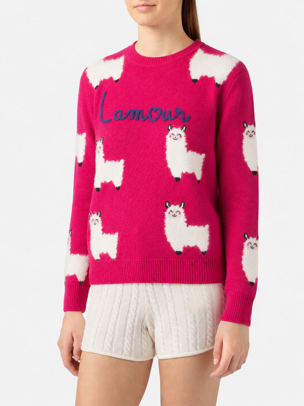 Maglia girocollo New Queen fucsia con ricamo L'Amour