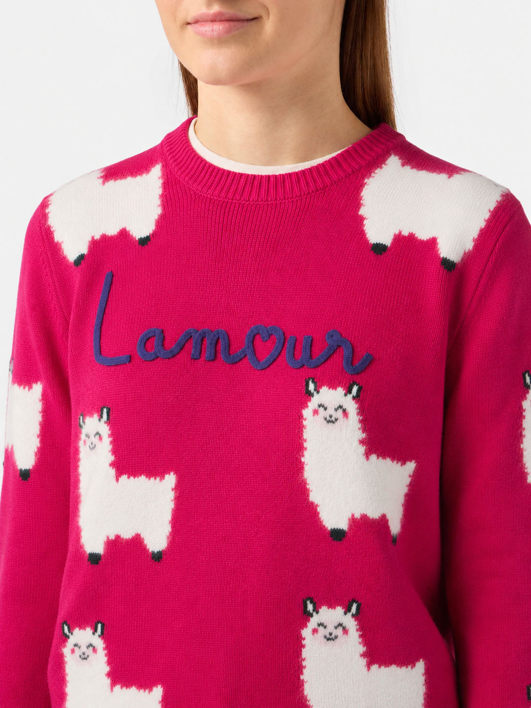 Maglia girocollo New Queen fucsia con ricamo L'Amour