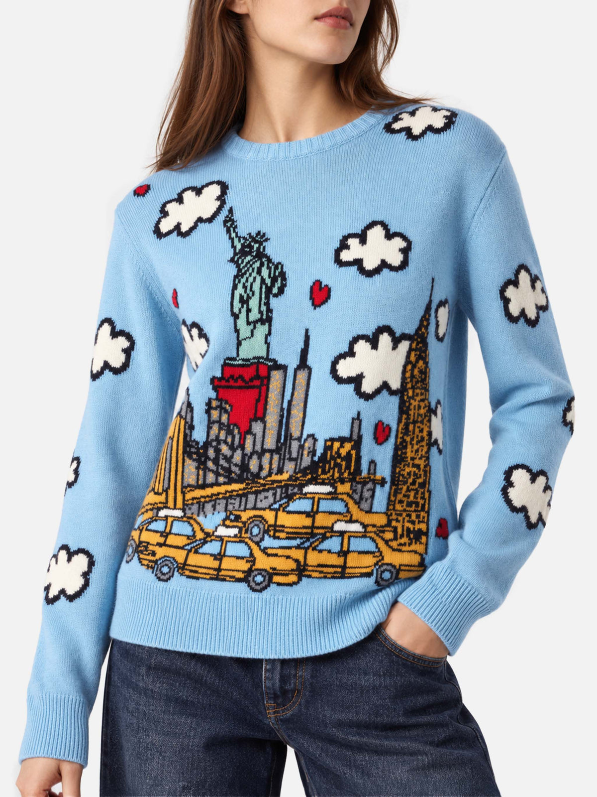 Maglia girocollo New Queen azzurra con ricamo I Love New York