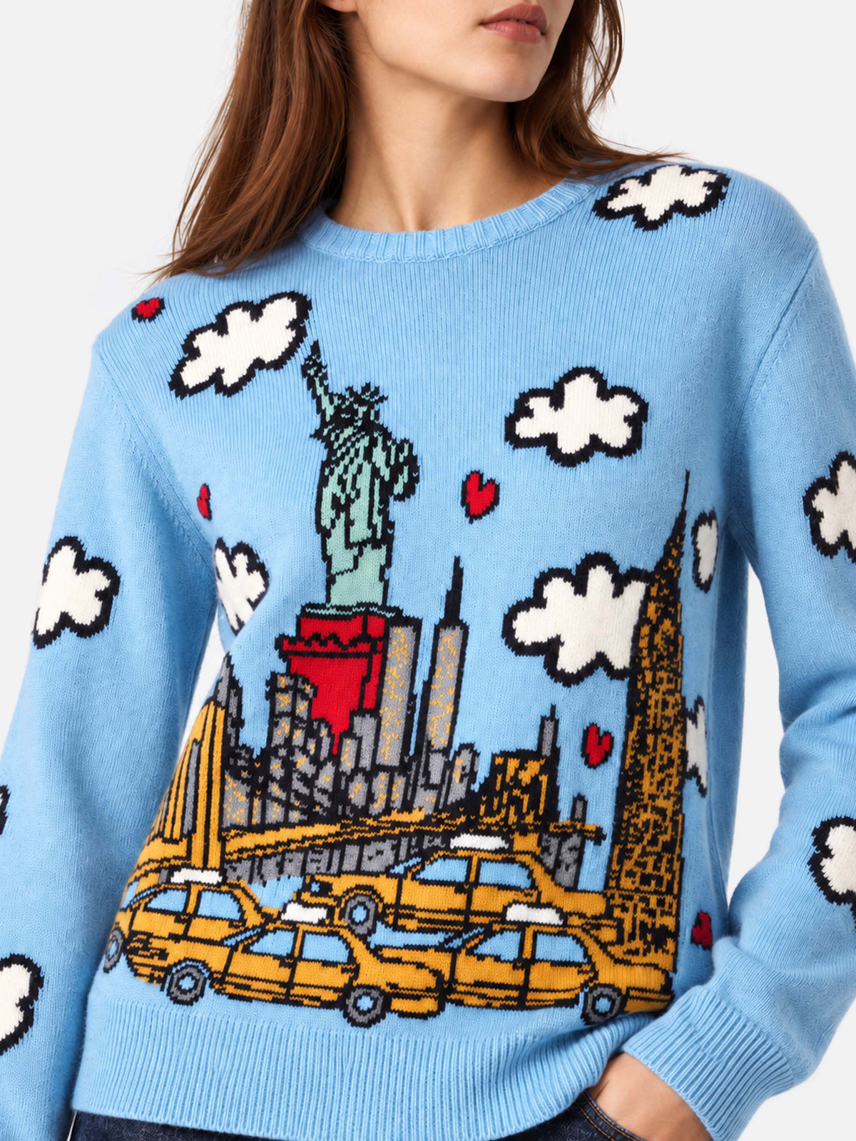 Maglia girocollo New Queen azzurra con ricamo I Love New York