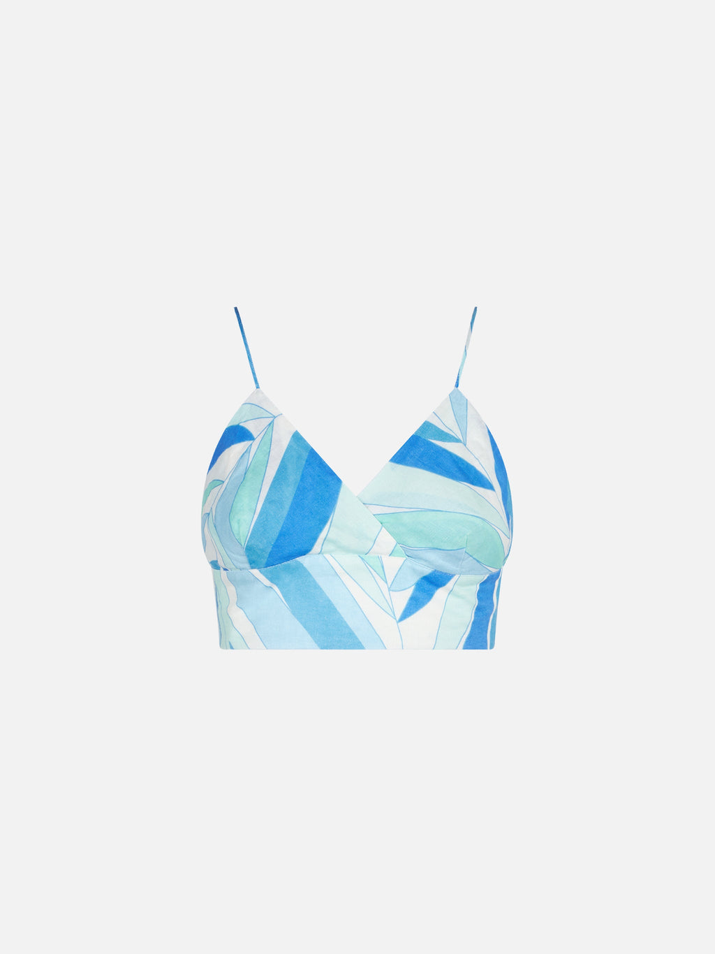 Top bralette Sainth azzurro in lino con stampa palme