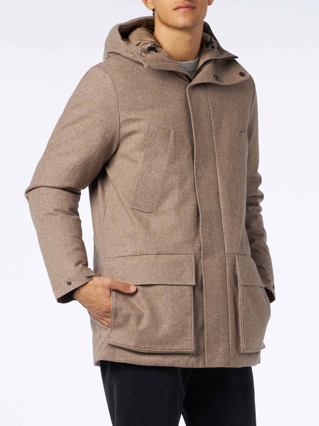 Parka Voyager beige a spina di pesce con cappuccio product image 1