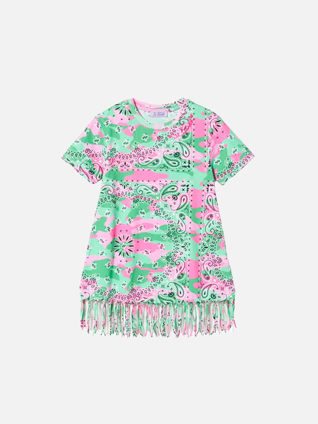 Abito corto Abbey con stampa camouflage verde e rosa e frange