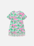 Abito corto Abbey con stampa camouflage verde e rosa e frange