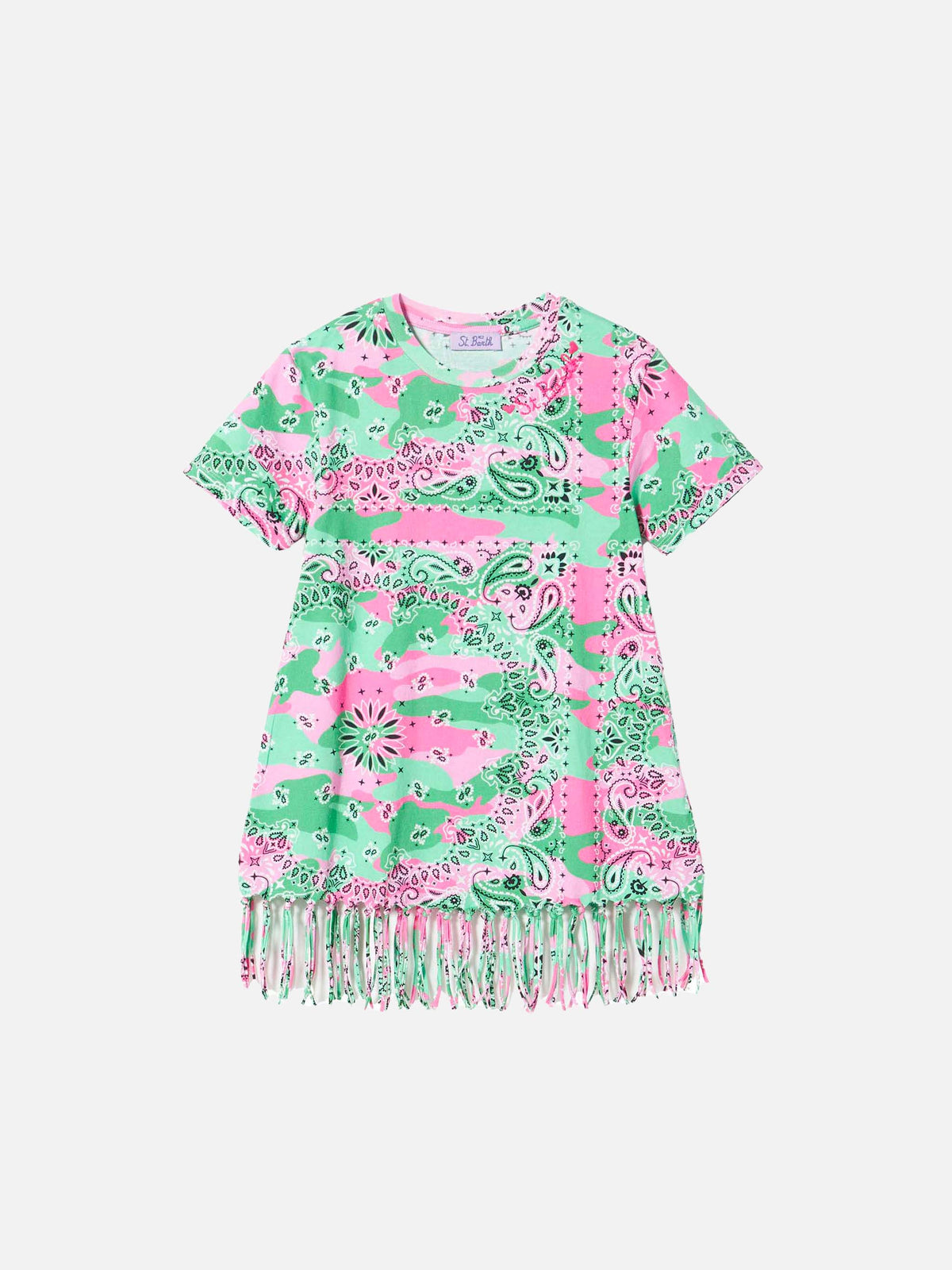 Abito corto Abbey con stampa camouflage verde e rosa e frange