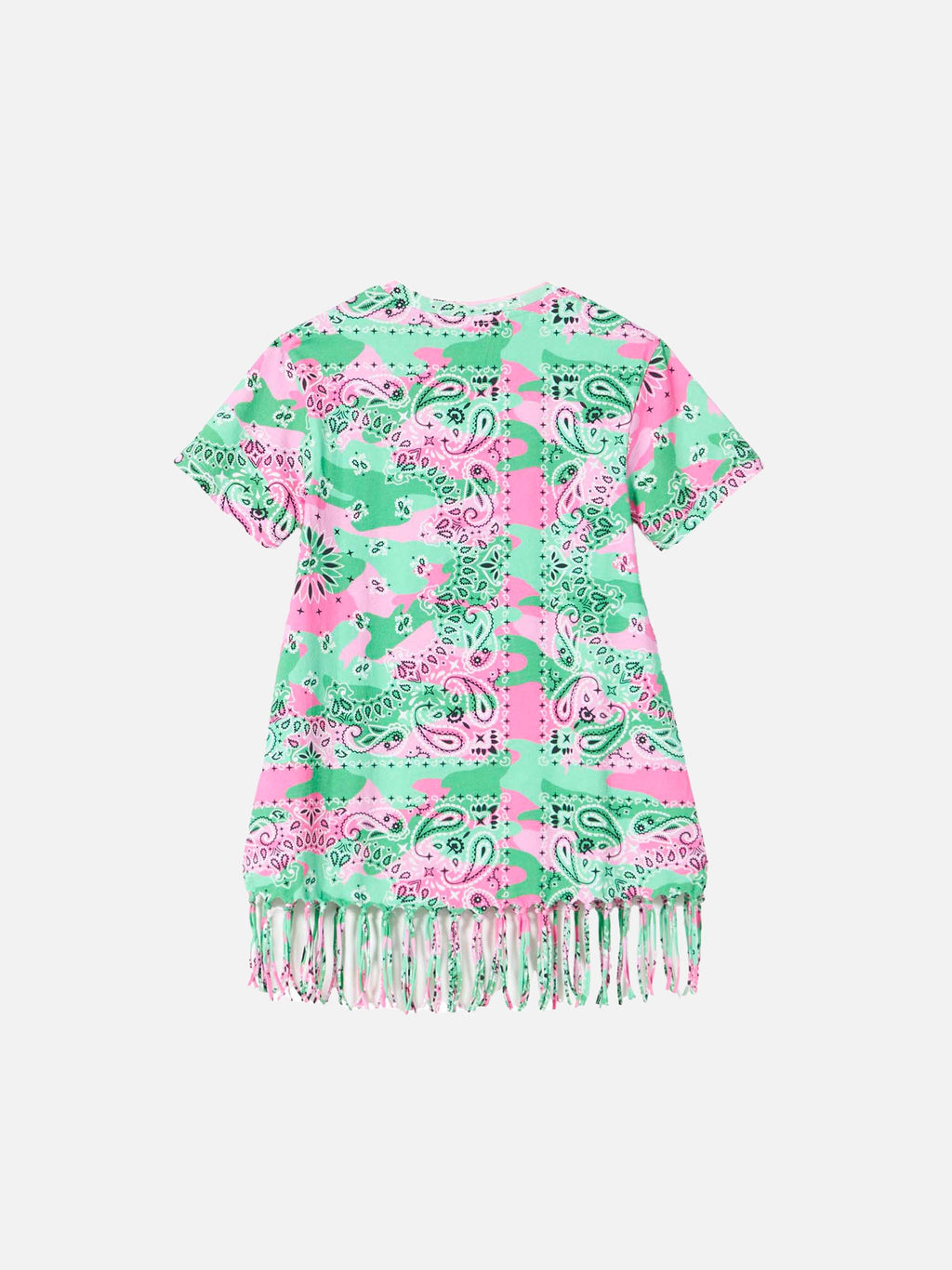 Abito corto Abbey con stampa camouflage verde e rosa e frange