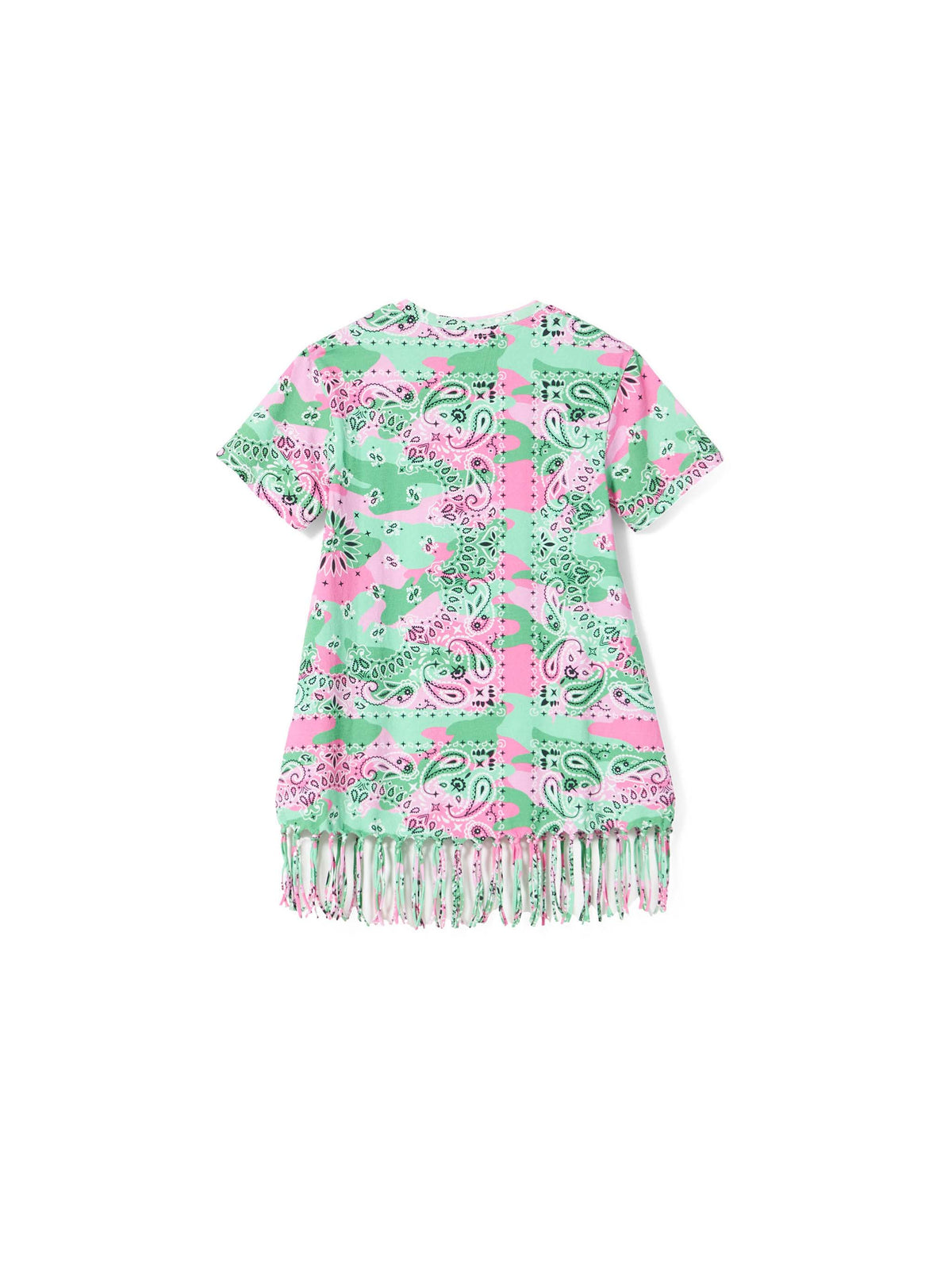 Abito corto Abbey con stampa camouflage verde e rosa e frange
