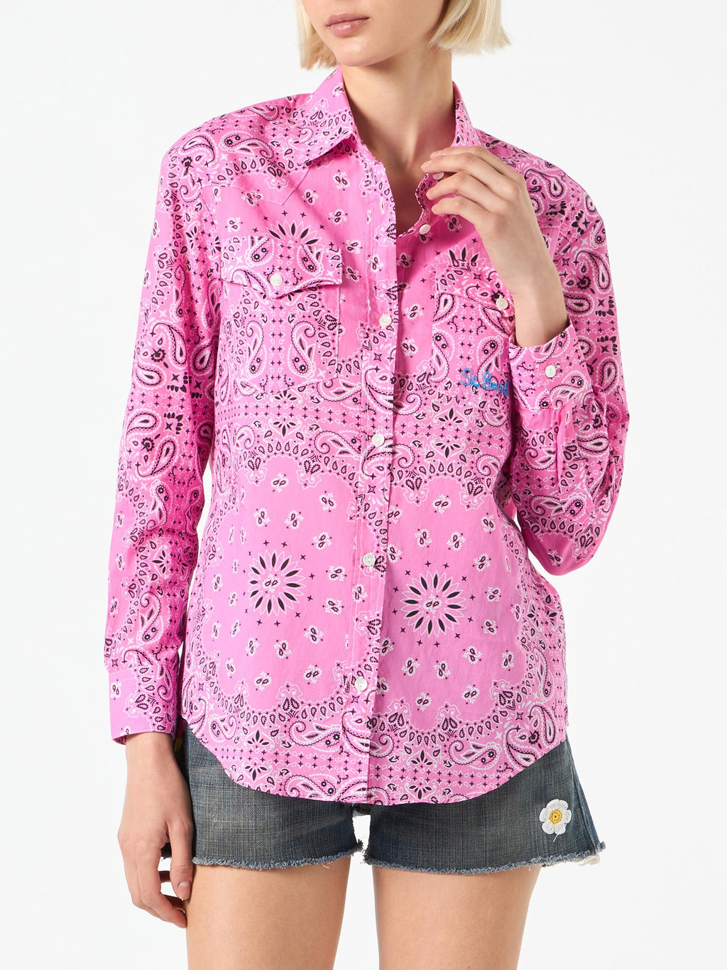 Camicia Amaya in lino con stampa bandana rosa product image 1