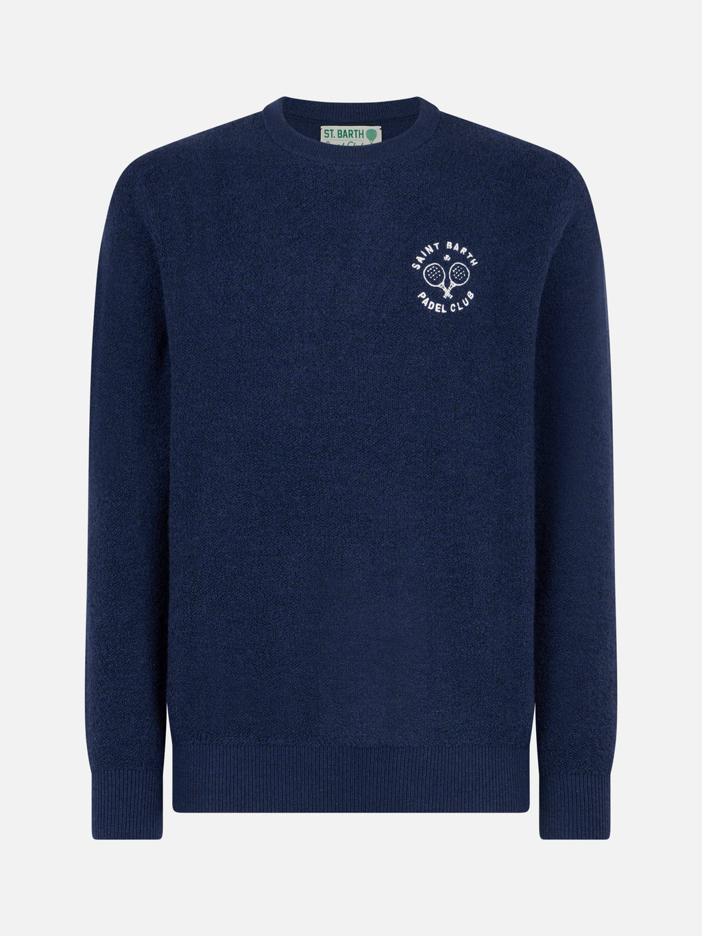 Maglia girocollo Heron blu in bouclé con ricamo St. Barth Padel Club