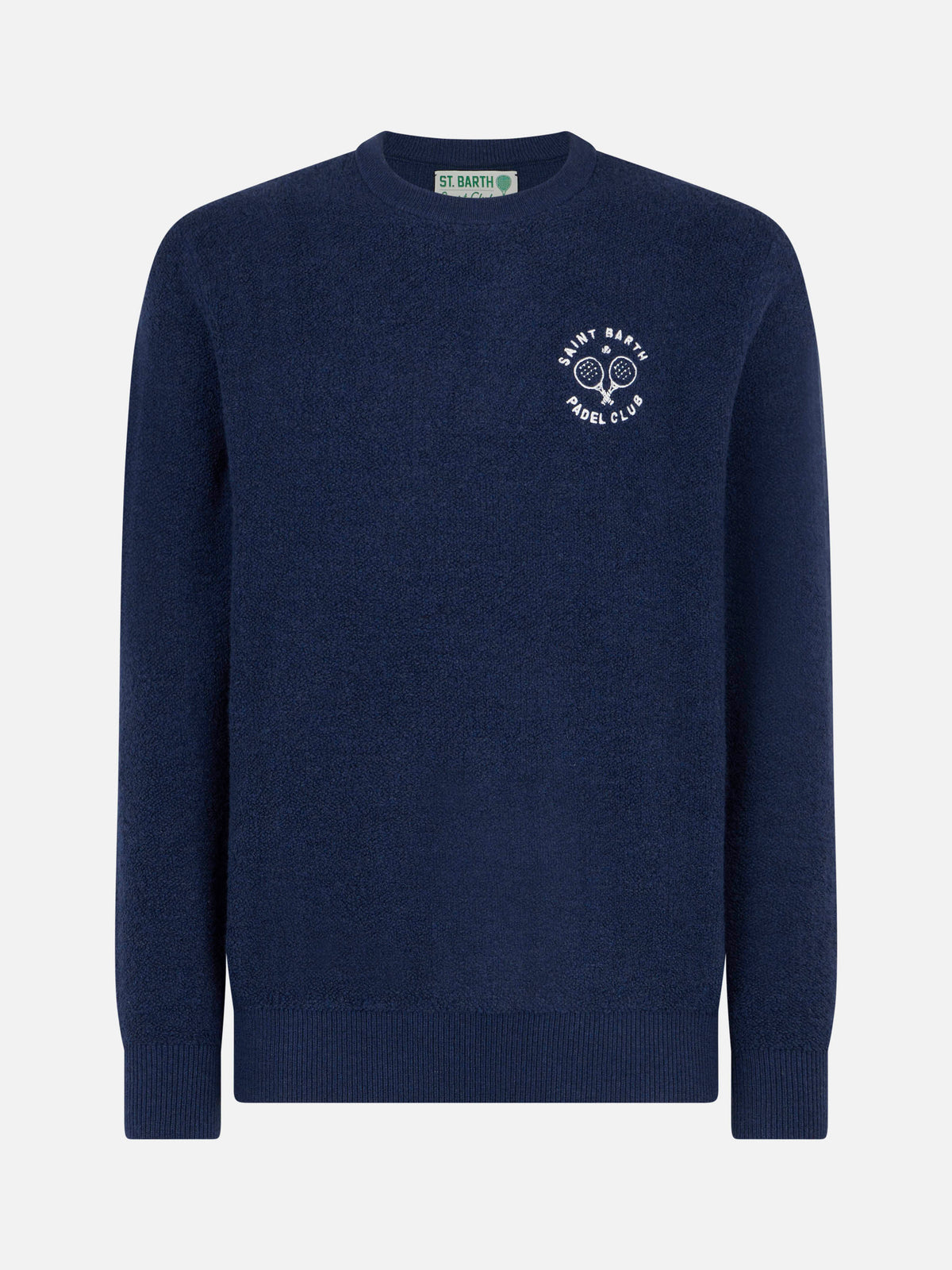 Maglia girocollo Heron blu in bouclé con ricamo St. Barth Padel Club