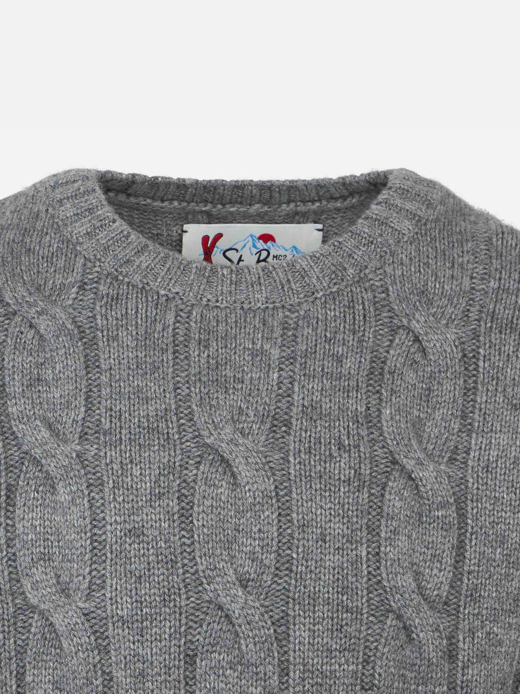 Maglia girocollo Bergen Jr grigia a trecce con jacquard logo