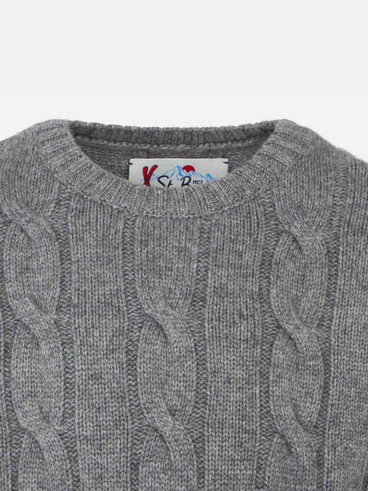 Maglia girocollo Bergen Jr grigia a trecce con jacquard logo