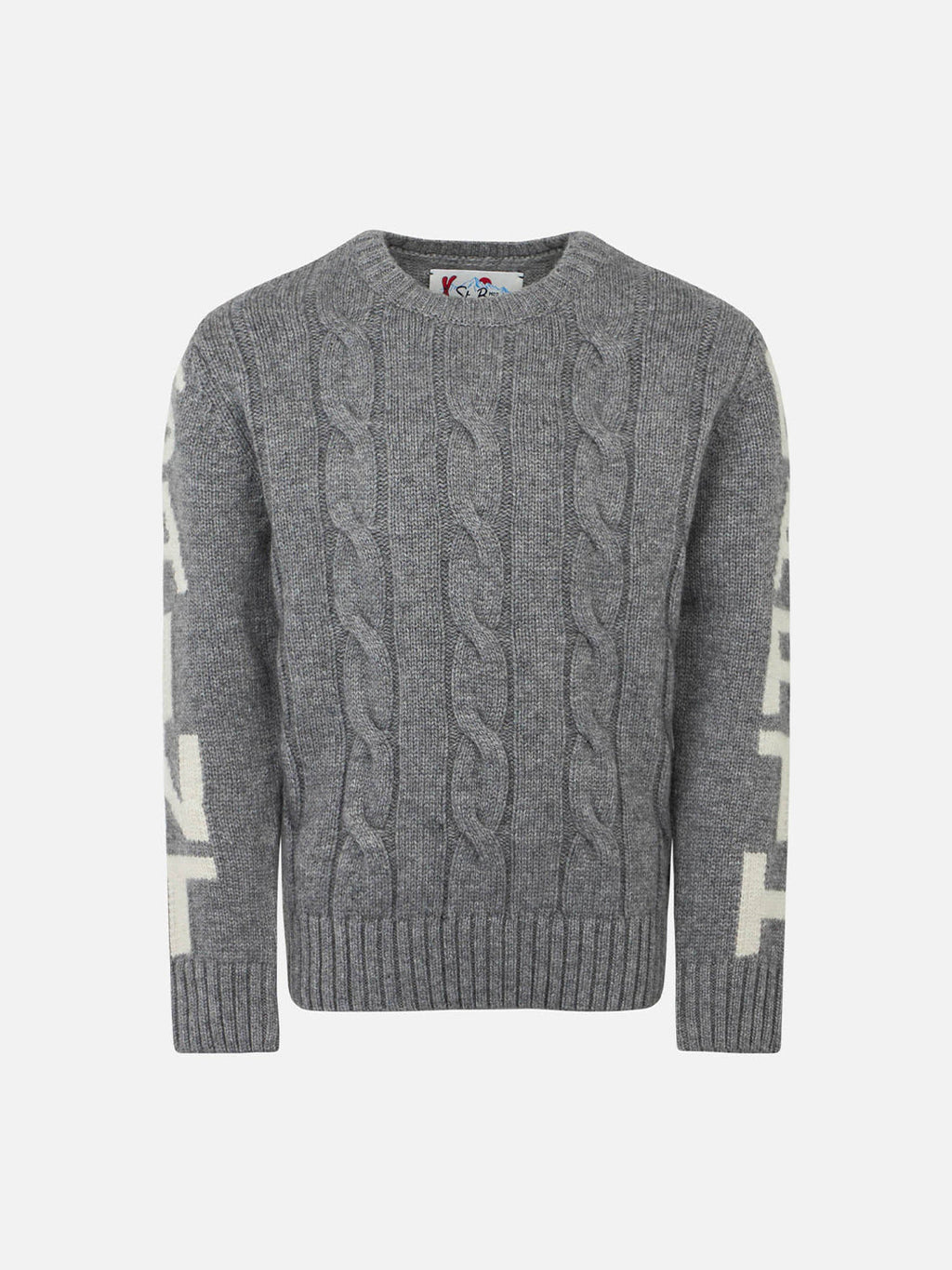 Maglia girocollo Bergen Jr grigia a trecce con jacquard logo