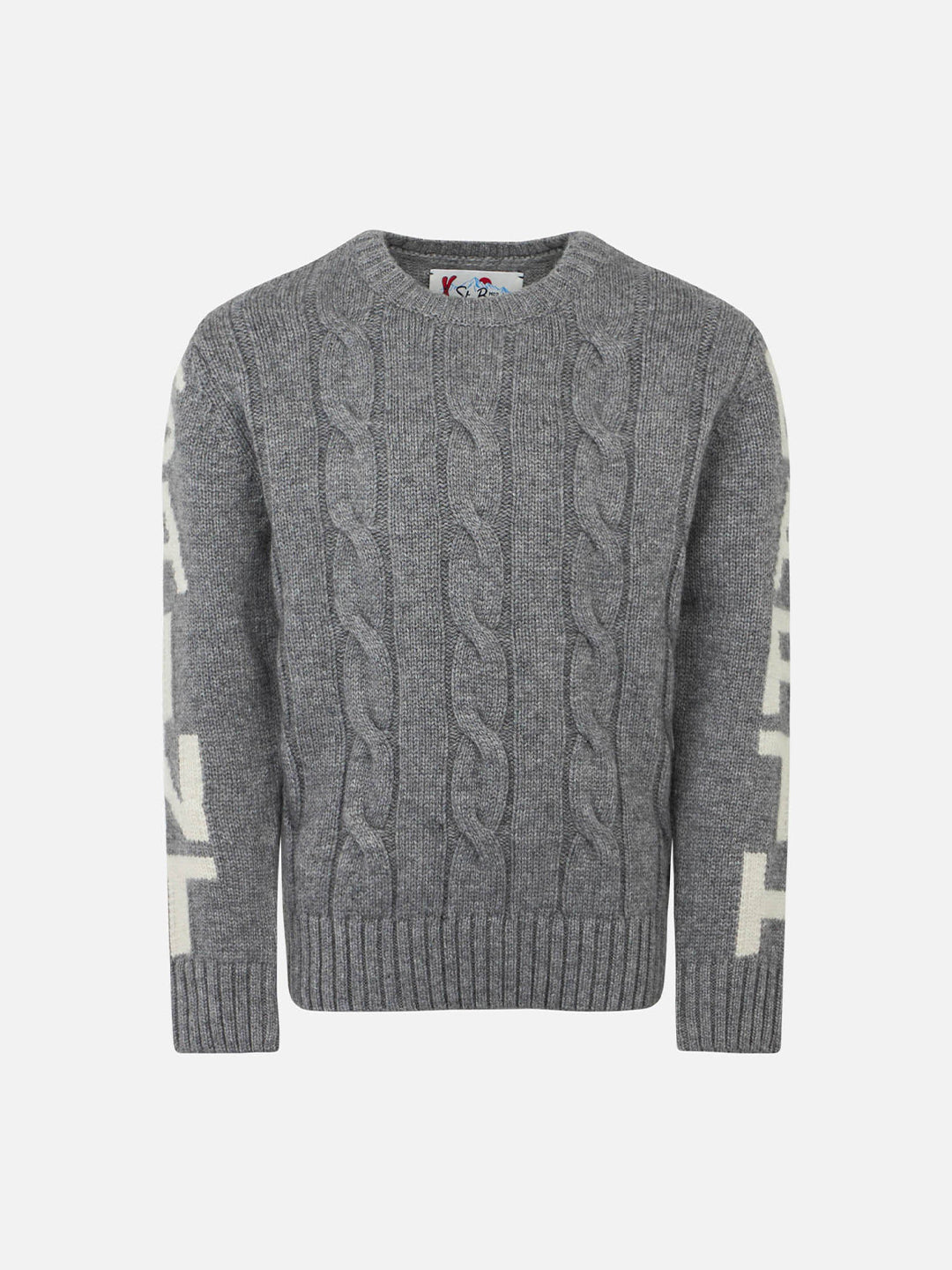 Maglia girocollo Bergen Jr grigia a trecce con jacquard logo