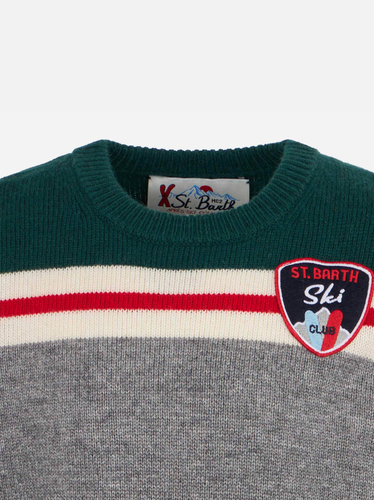 Maglia girocollo Douglas Ski verde e grigia con patch St. Barth Ski Club