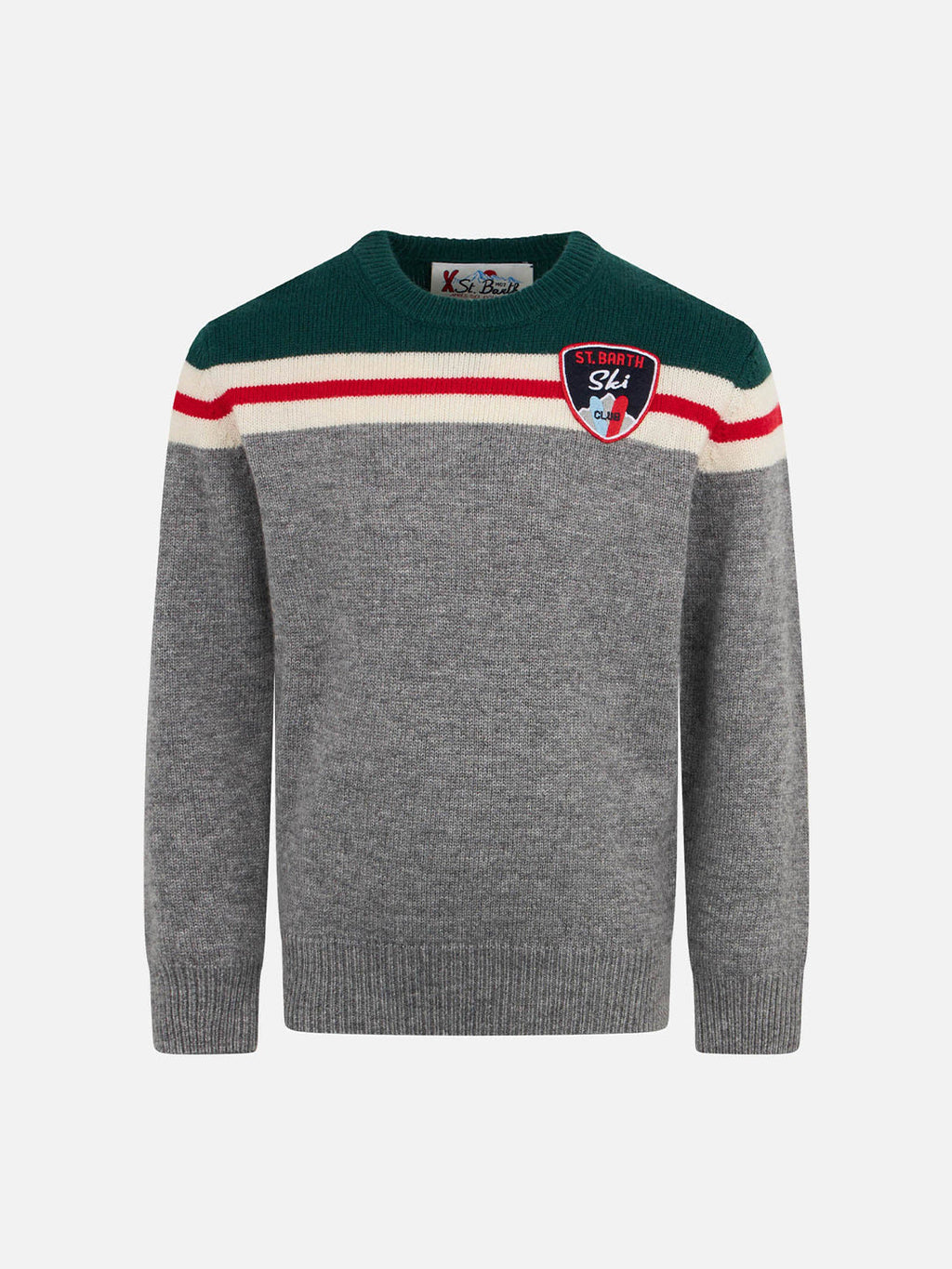 Maglia girocollo Douglas Ski verde e grigia con patch St. Barth Ski Club