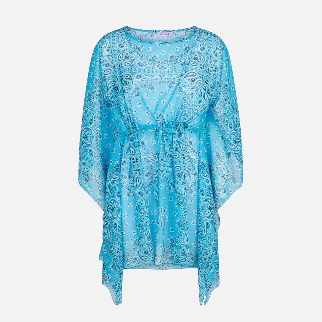 Caftano Iria turchese in georgette con stampa bandana