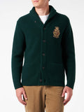 Cardigan Burford verde scuro con collo a scialle e patch