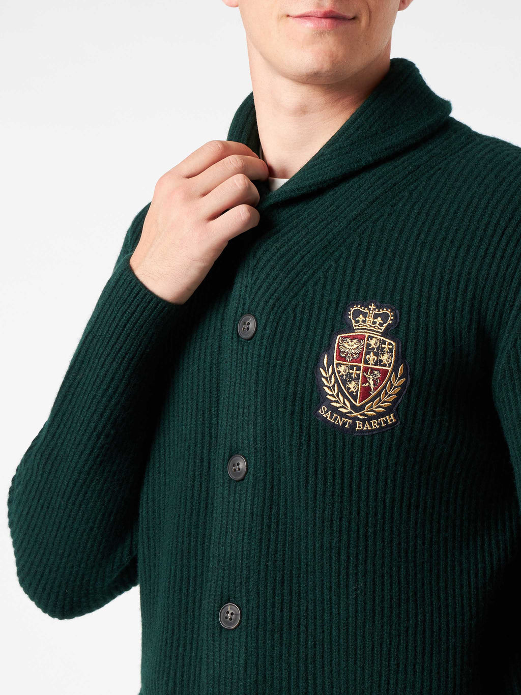 Cardigan Burford verde scuro con collo a scialle e patch