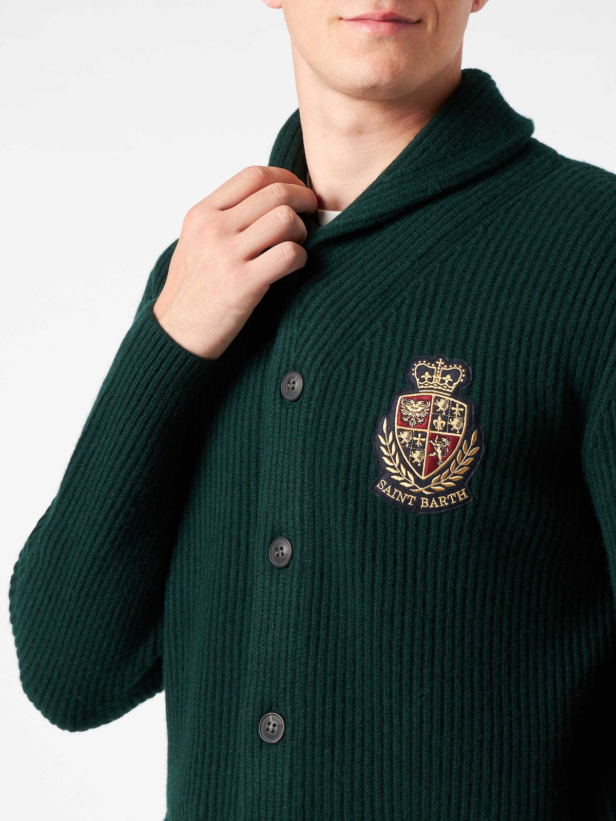 Cardigan Burford verde scuro con collo a scialle e patch