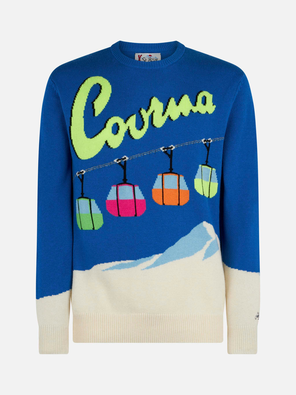 Maglia girocollo Heron rossa con jacquard cartolina Courmayeur a trecce