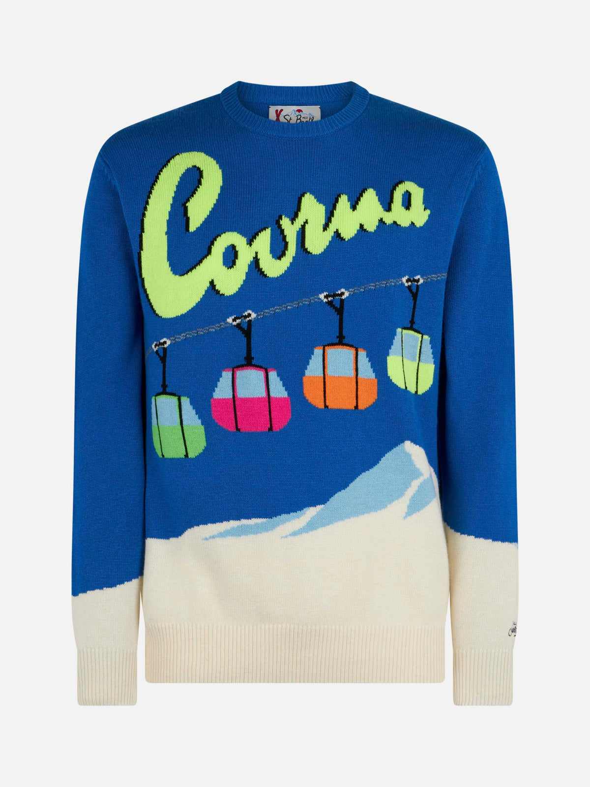 Maglia girocollo Heron rossa con jacquard cartolina Courmayeur a trecce