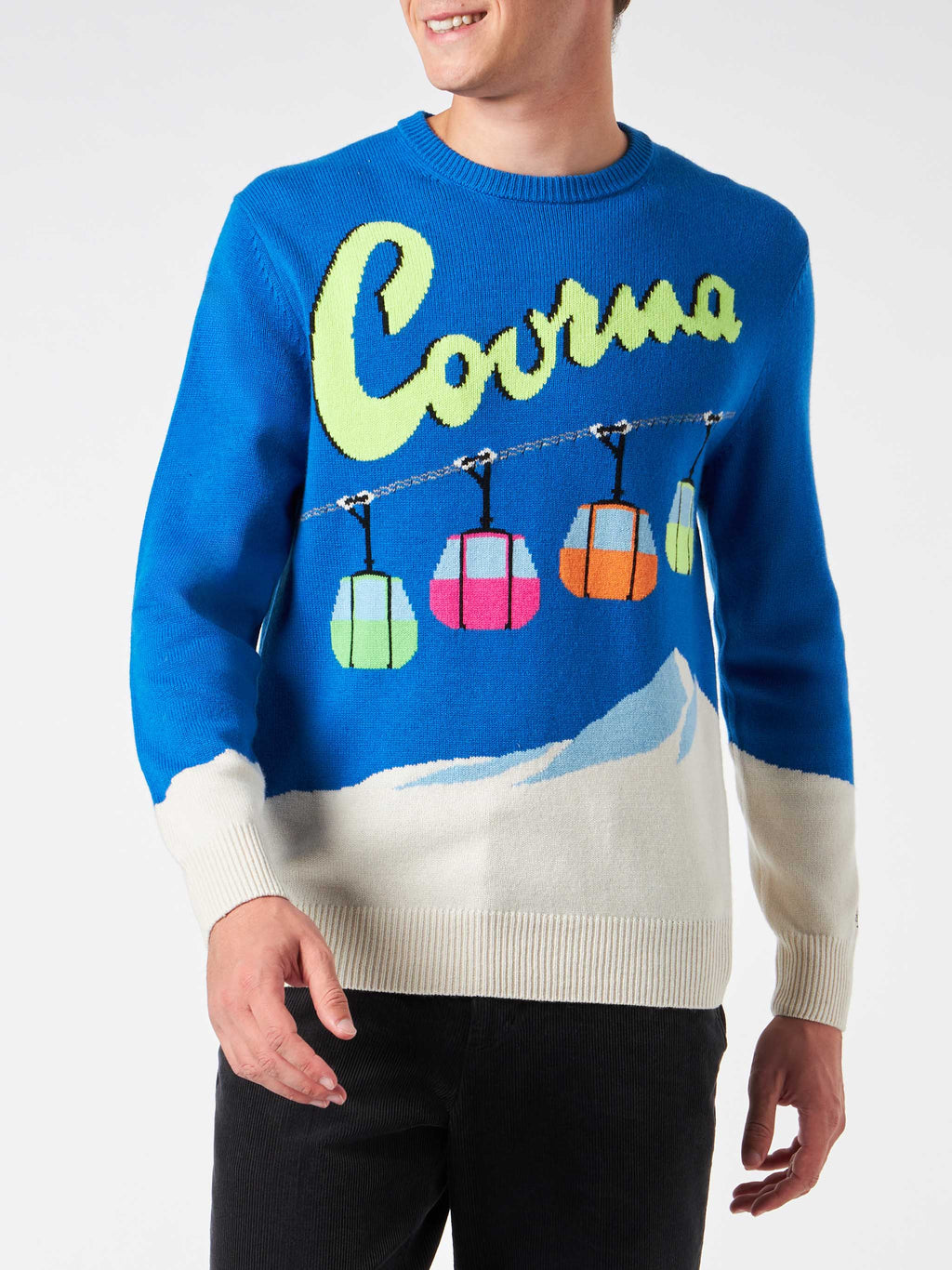 Maglia girocollo Heron rossa con jacquard cartolina Courmayeur a trecce