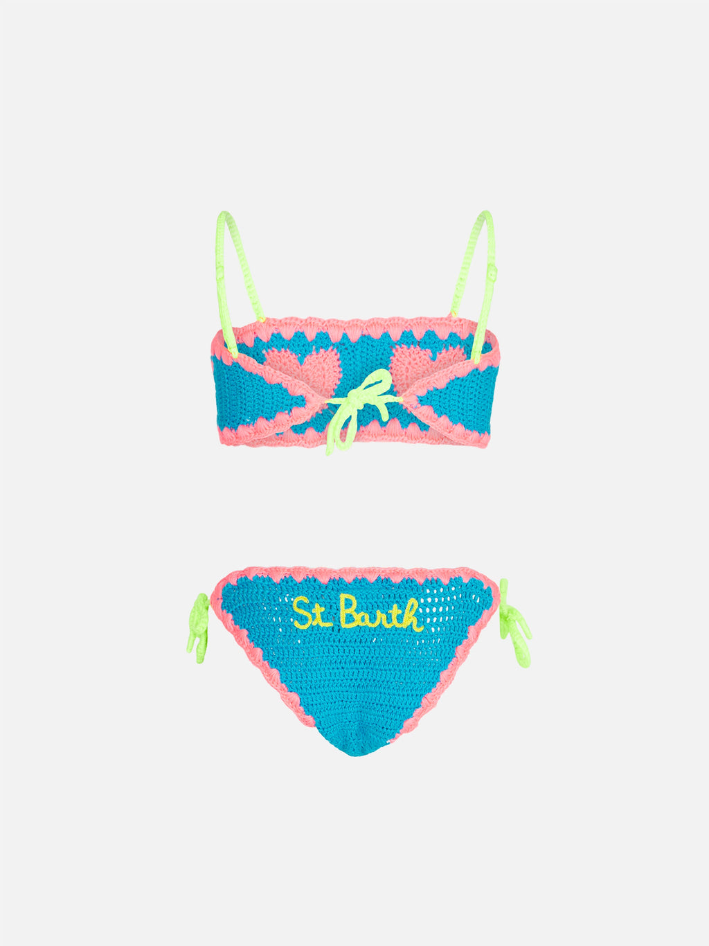 Bikini a fascia Arleen azzurro polvere in crochet con motivo cuori rosa