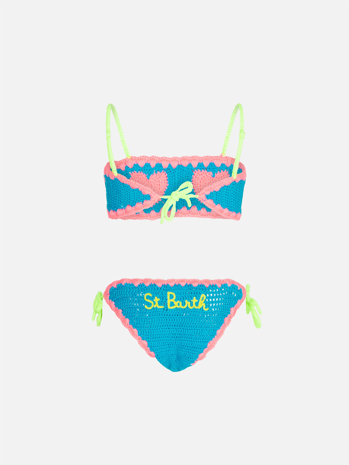 Bikini a fascia Arleen azzurro polvere in crochet con motivo cuori rosa
