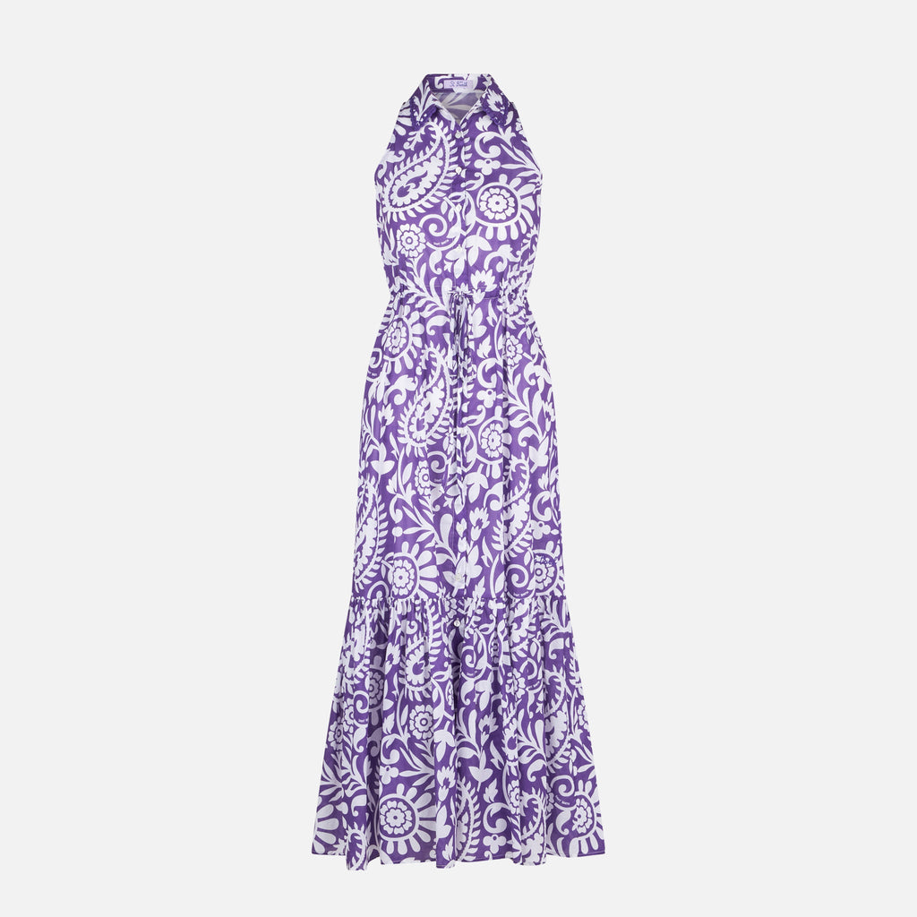 Abito lungo Ida viola in cotone con stampa paisley