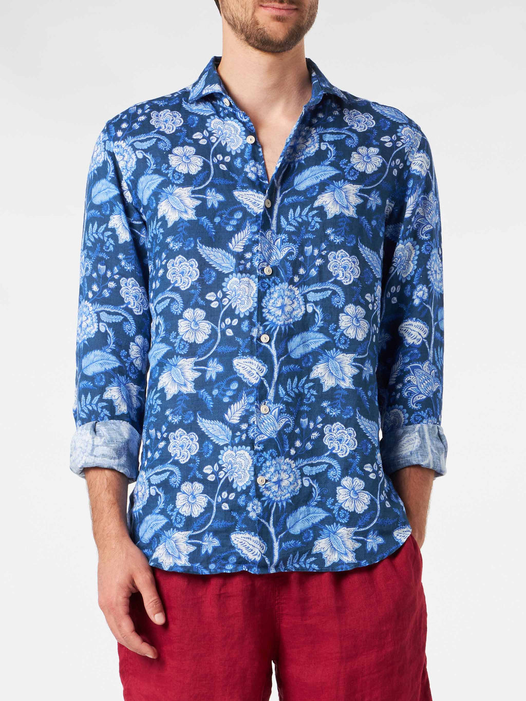 Camicia Pamplona blu navy in lino con stampa floreale product image 1