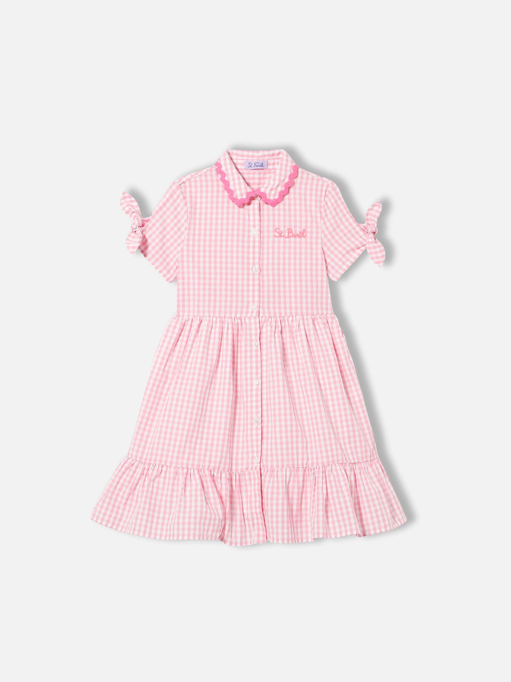 Abito Queenie bianco e rosa con motivo vichy e ricamo logo