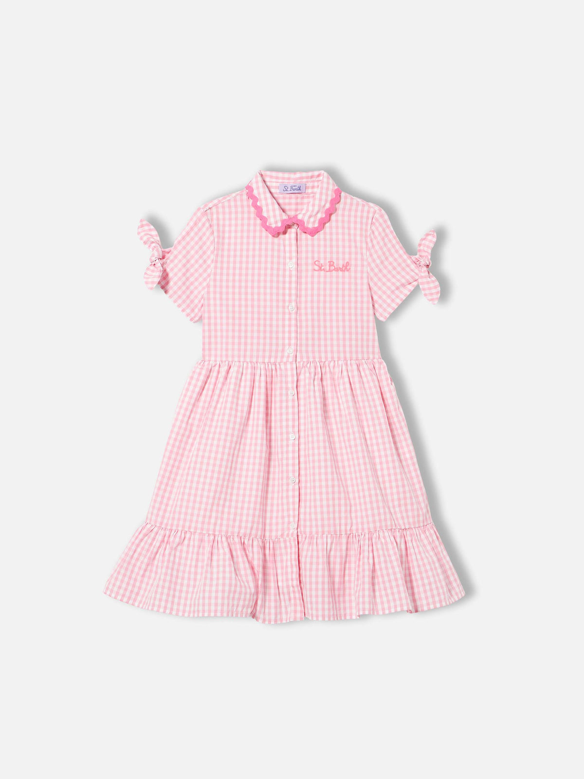 Abito Queenie bianco e rosa con motivo vichy e ricamo logo