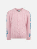 Maglia Malmo Jr rosa a trecce con stampa logo in lurex azzurro