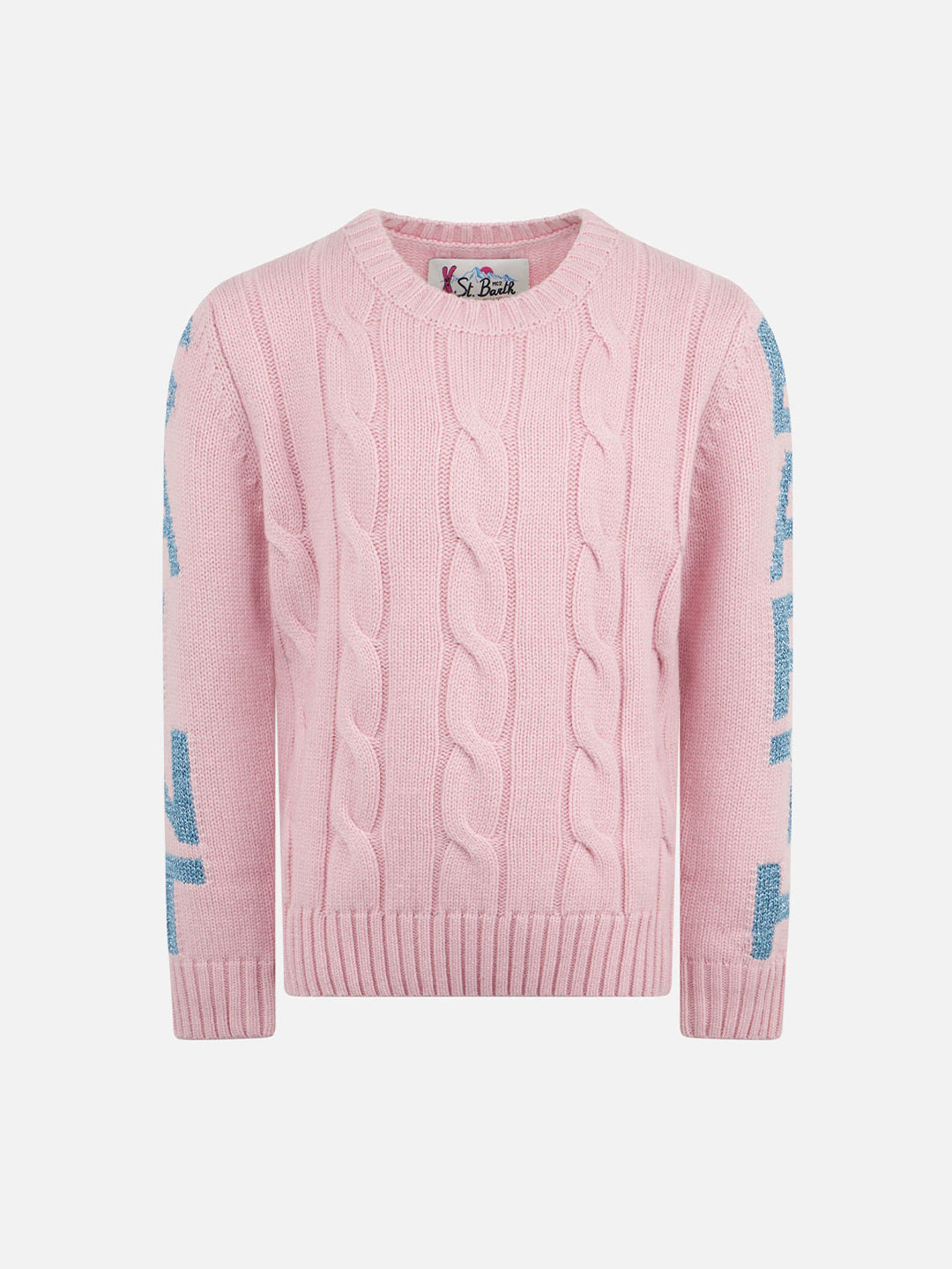 Maglia Malmo Jr rosa a trecce con stampa logo in lurex azzurro