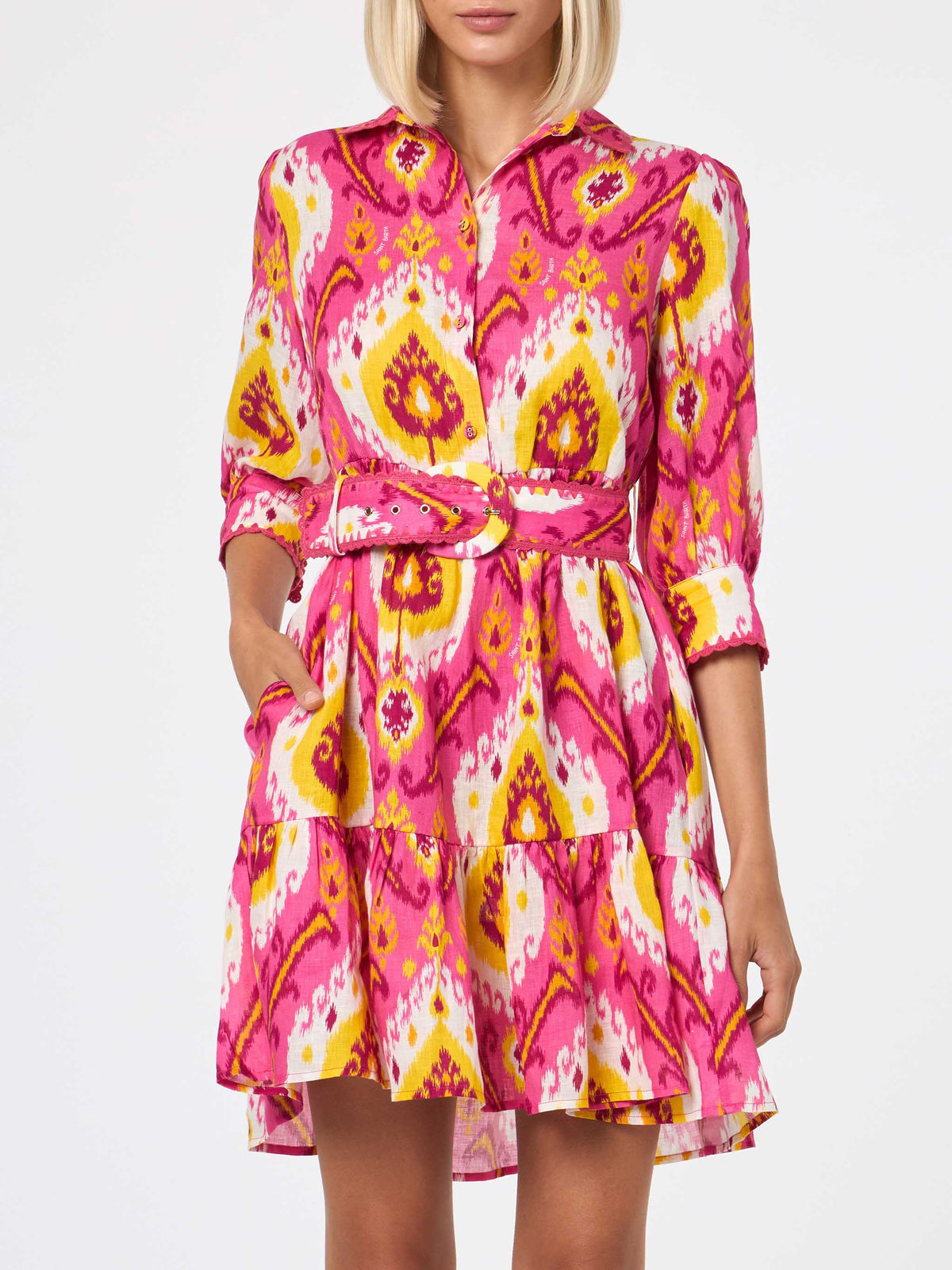 Abito Daisi con volant fucsia e giallo in lino con stampa ikat