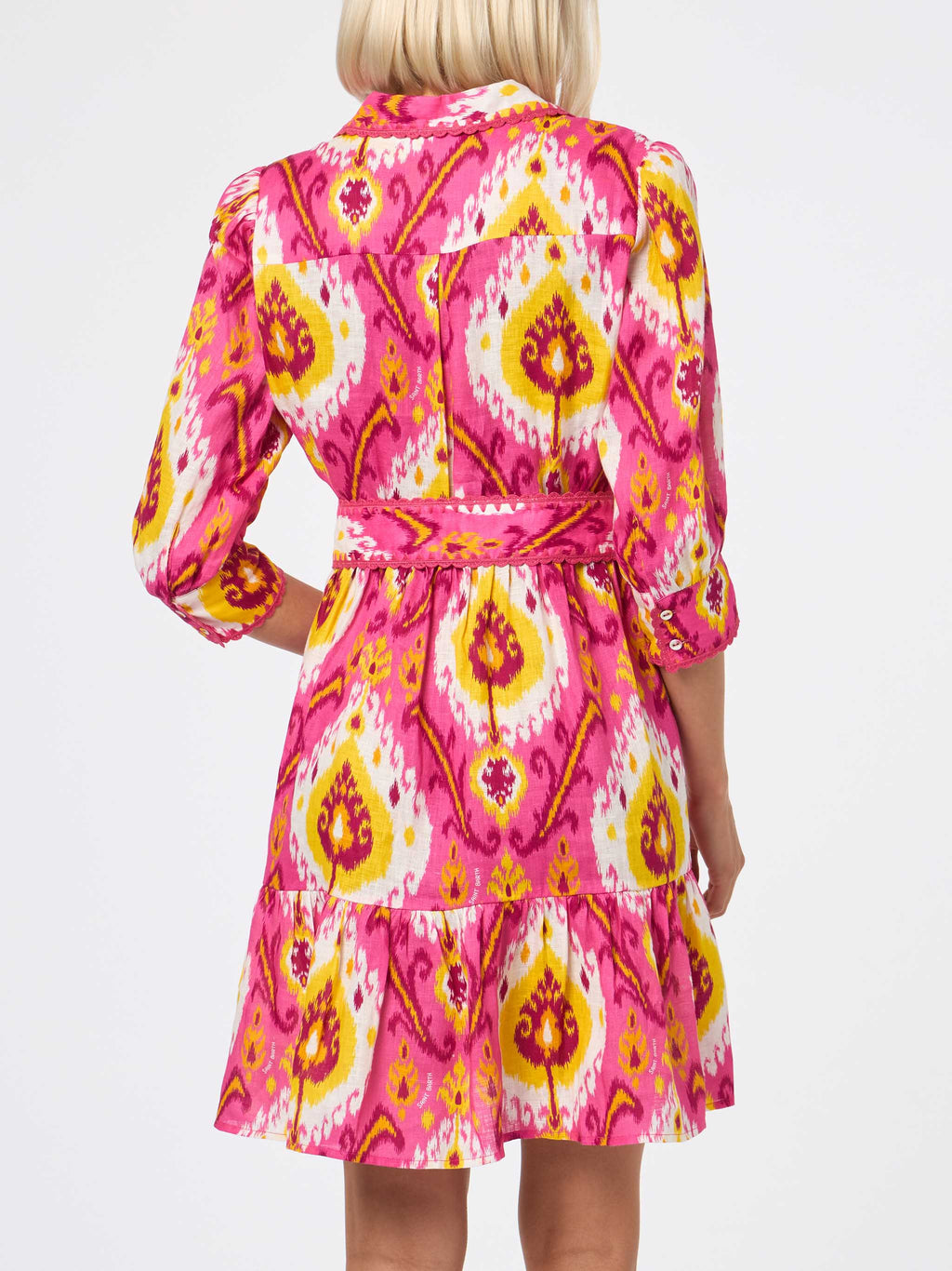 Abito Daisi con volant fucsia e giallo in lino con stampa ikat