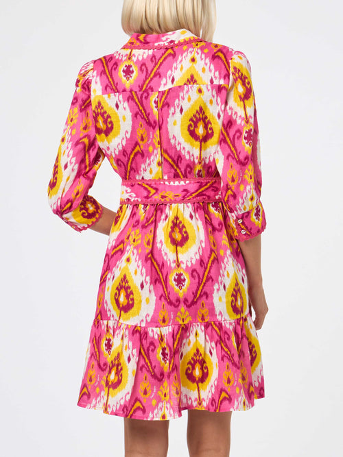 Abito Daisi con volant fucsia e giallo in lino con stampa ikat