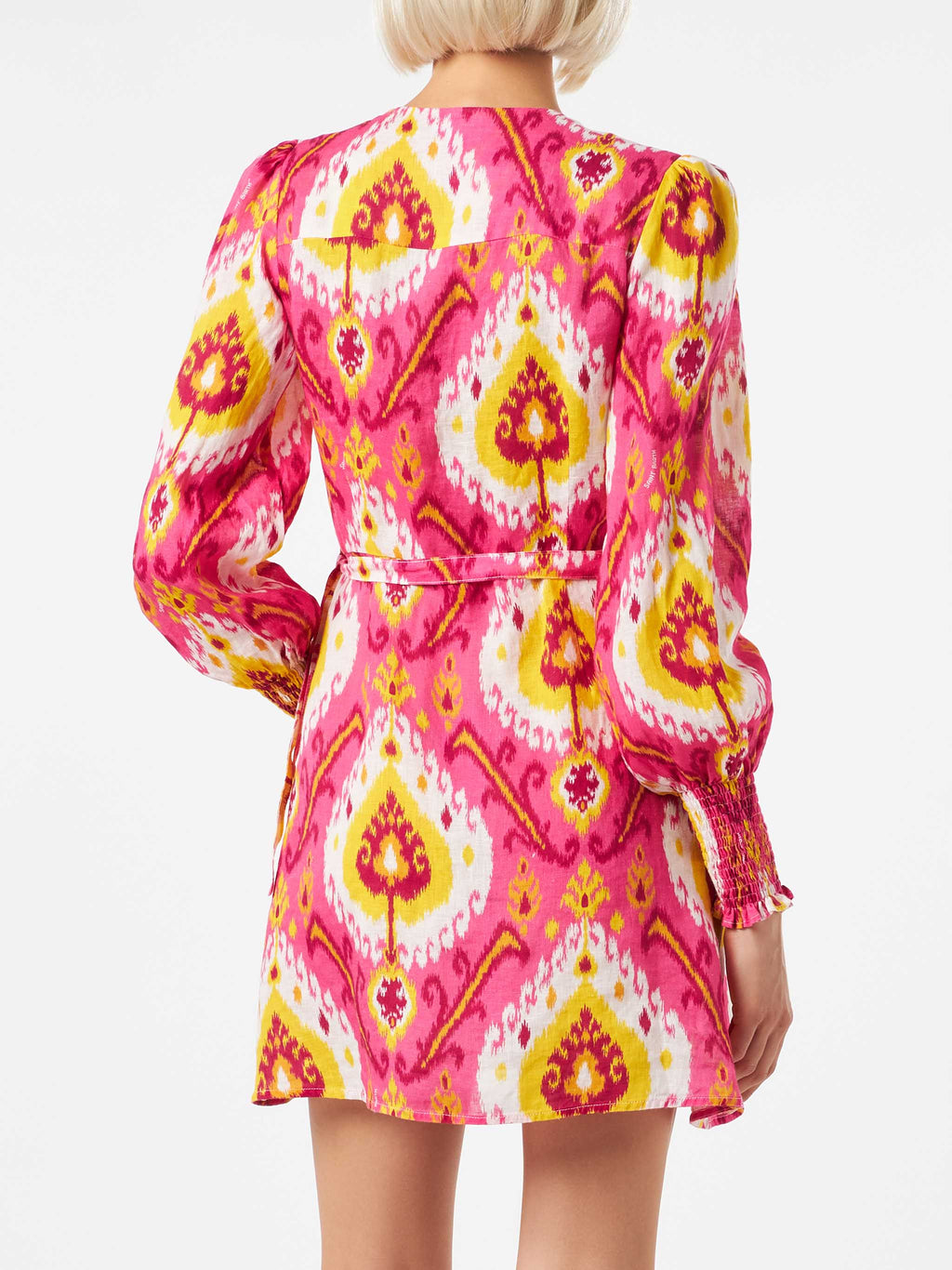 Abito corto a portafoglio Brilly in lino con stampa ikat fucsia e gialla