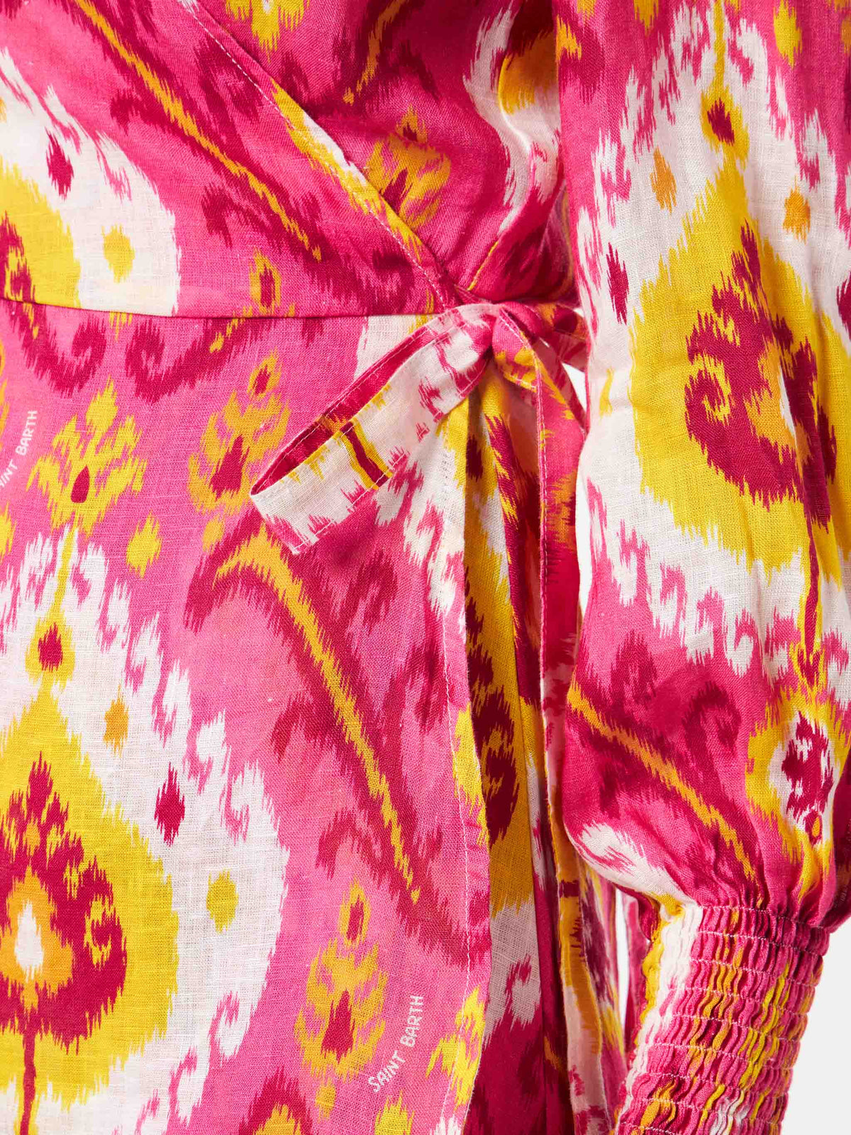 Abito corto a portafoglio Brilly in lino con stampa ikat fucsia e gialla