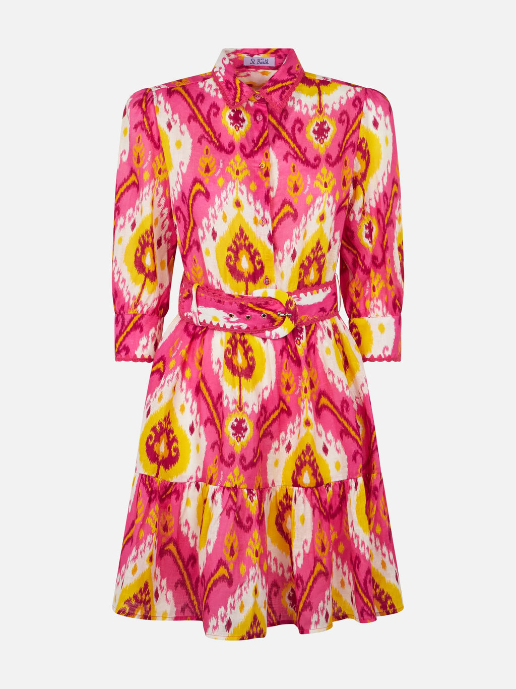 Abito Daisi con volant fucsia e giallo in lino con stampa ikat