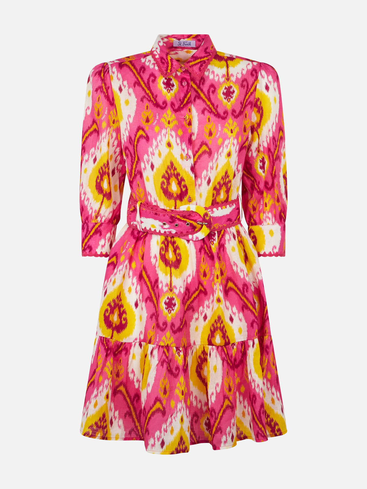 Abito Daisi con volant fucsia e giallo in lino con stampa ikat