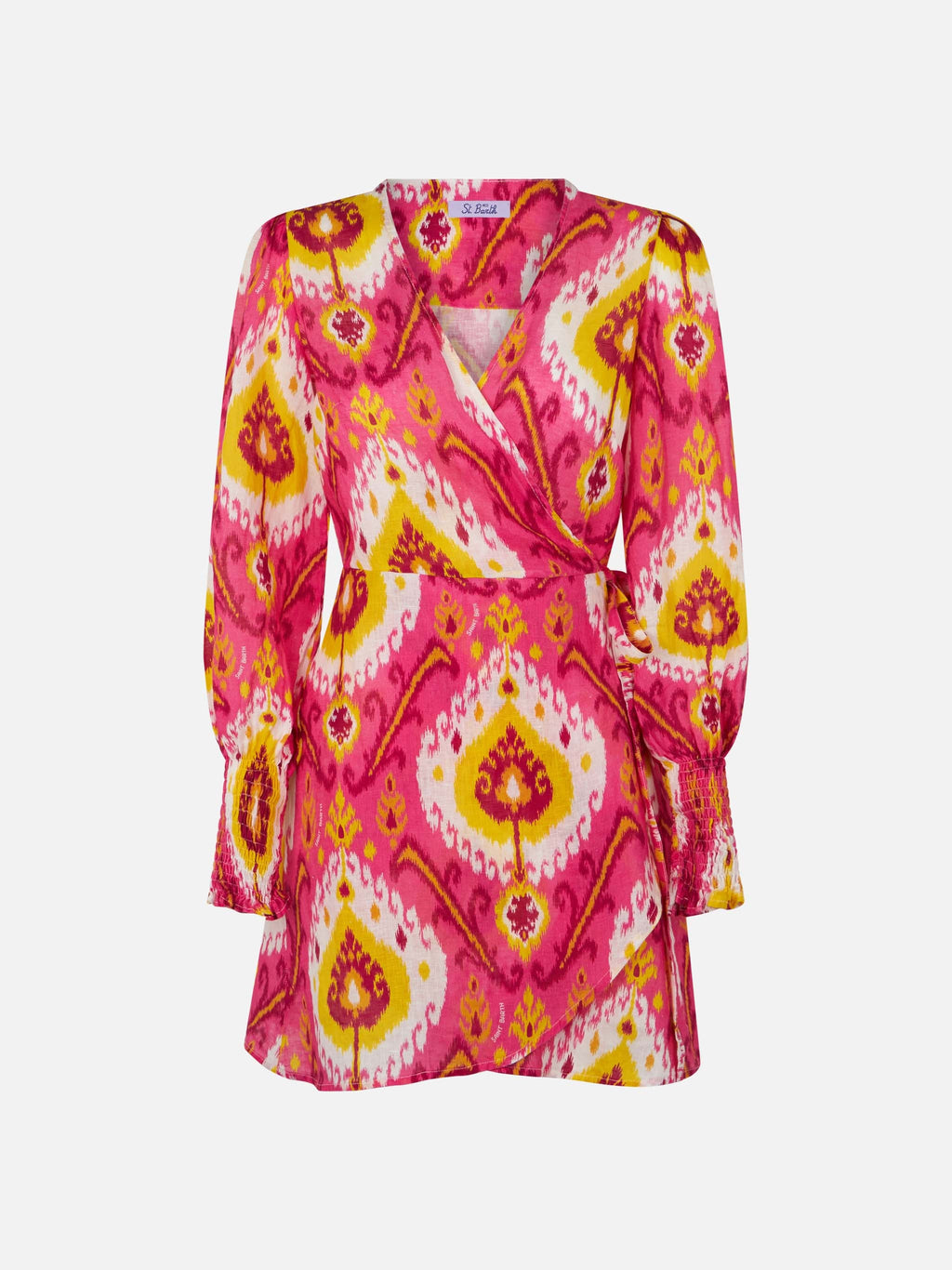 Abito corto a portafoglio Brilly in lino con stampa ikat fucsia e gialla