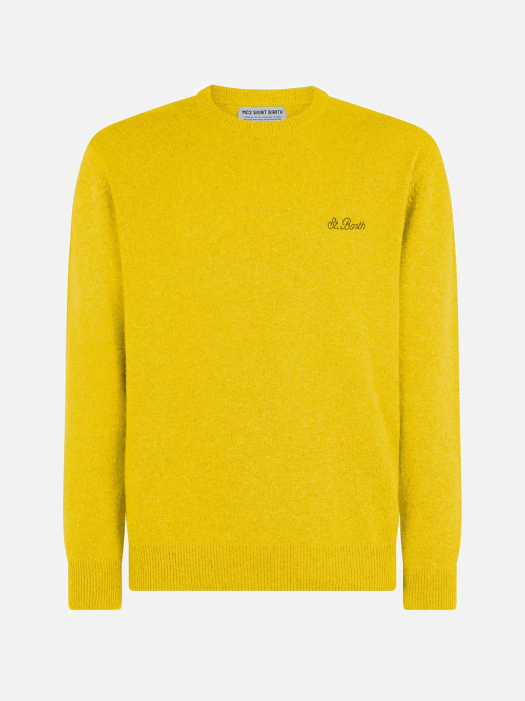 Maglia girocollo Heron gialla in lana d’agnello con ricamo logo