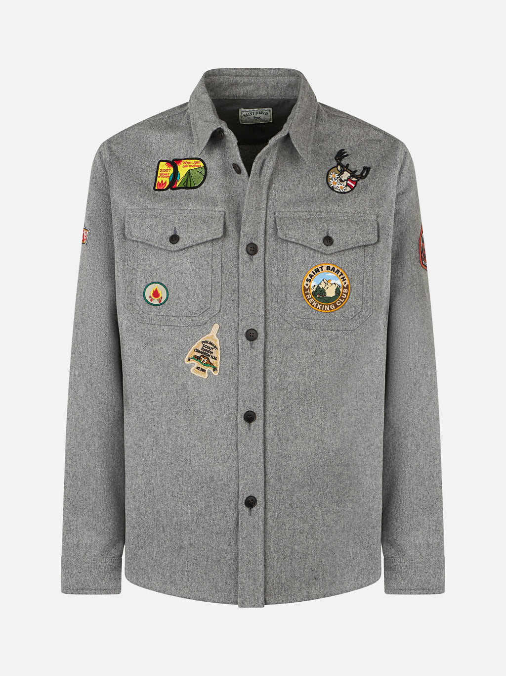 Overshirt Burton grigio chiaro melange in misto lana con patch da viaggio