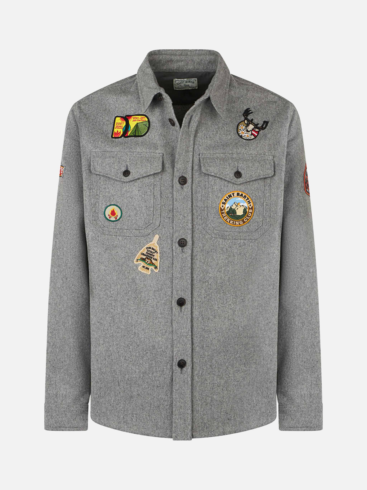 Overshirt Burton grigio chiaro melange in misto lana con patch da viaggio