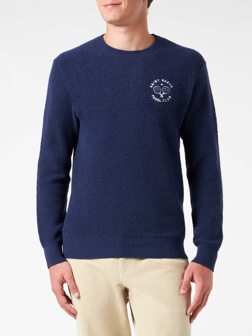 Maglia girocollo Heron blu in bouclé con ricamo St. Barth Padel Club