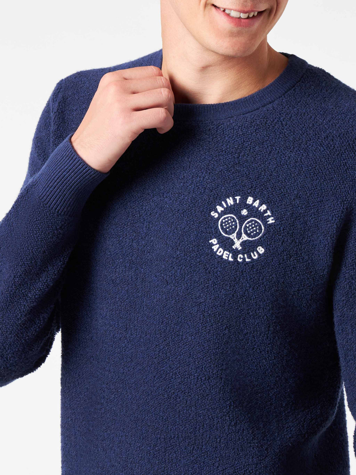 Maglia girocollo Heron blu in bouclé con ricamo St. Barth Padel Club